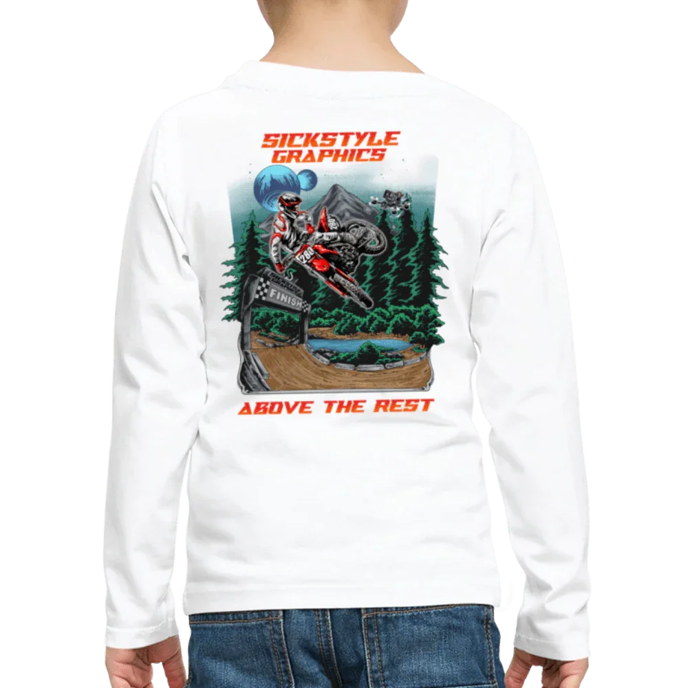 Camiseta blanca de manga larga para niños de algodón con gráfico de motocross “Above the Rest” en la espalda.
