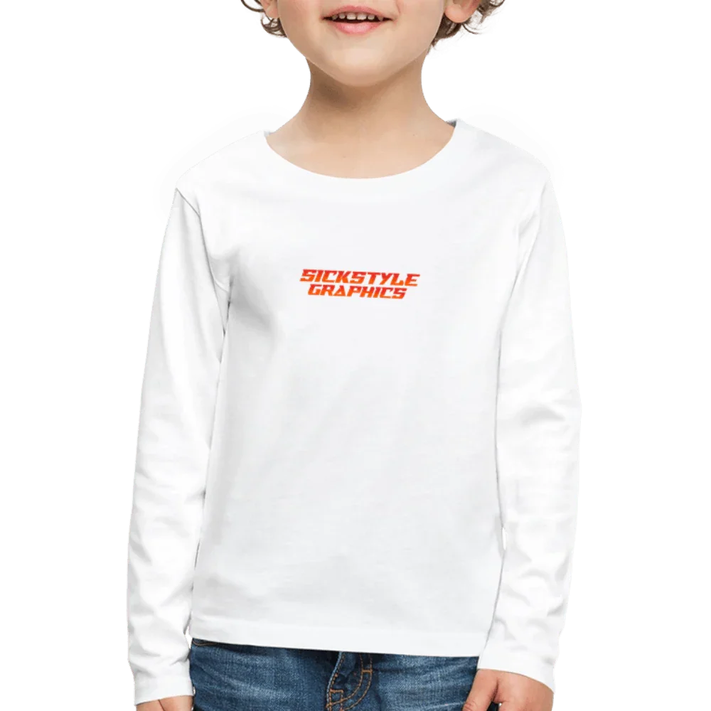 Camiseta blanca de manga larga para niños de algodón con logo “SICKSTYLE GRAPHICS” rojo.