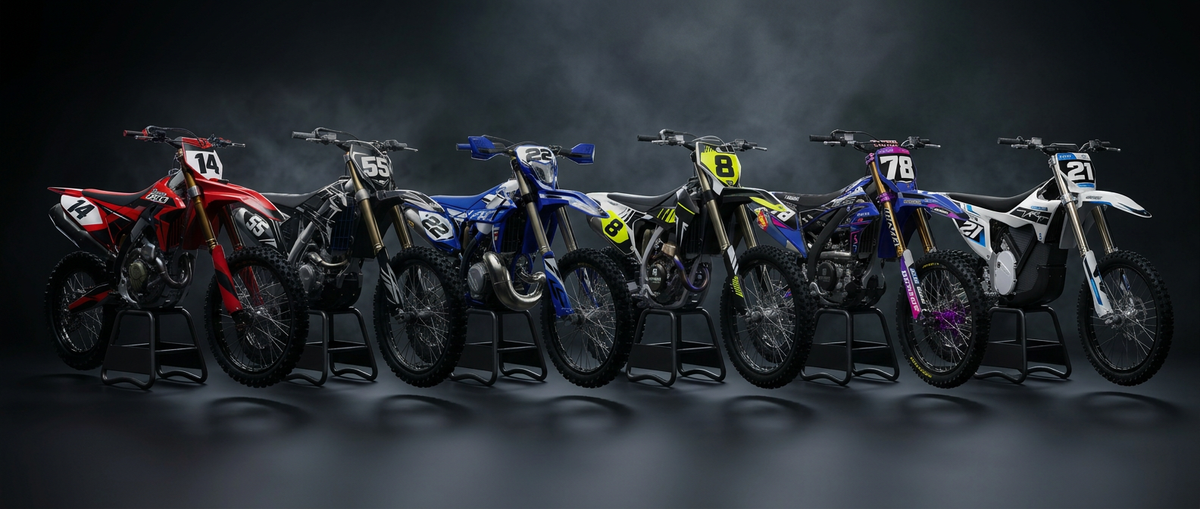 Designansichten von Motocross-Bikes mit unterschiedlichen Dekoren