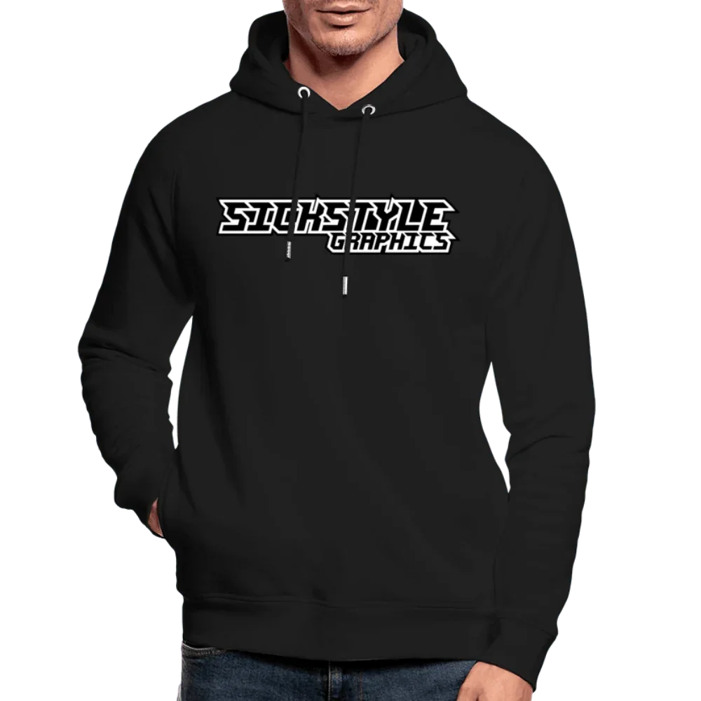 Svart herr-hoodie av ekologisk bomull med vitt “Sickstyle Graphics”-logotyp, raglanärmar och huva.