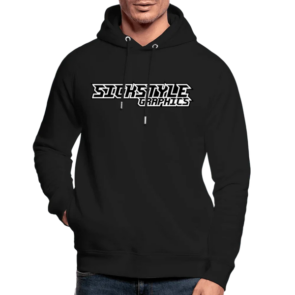 Sweat à capuche noir pour homme en coton biologique avec logo “SICKSTYLE GRAPHICS” blanc, manches raglan et capuche.