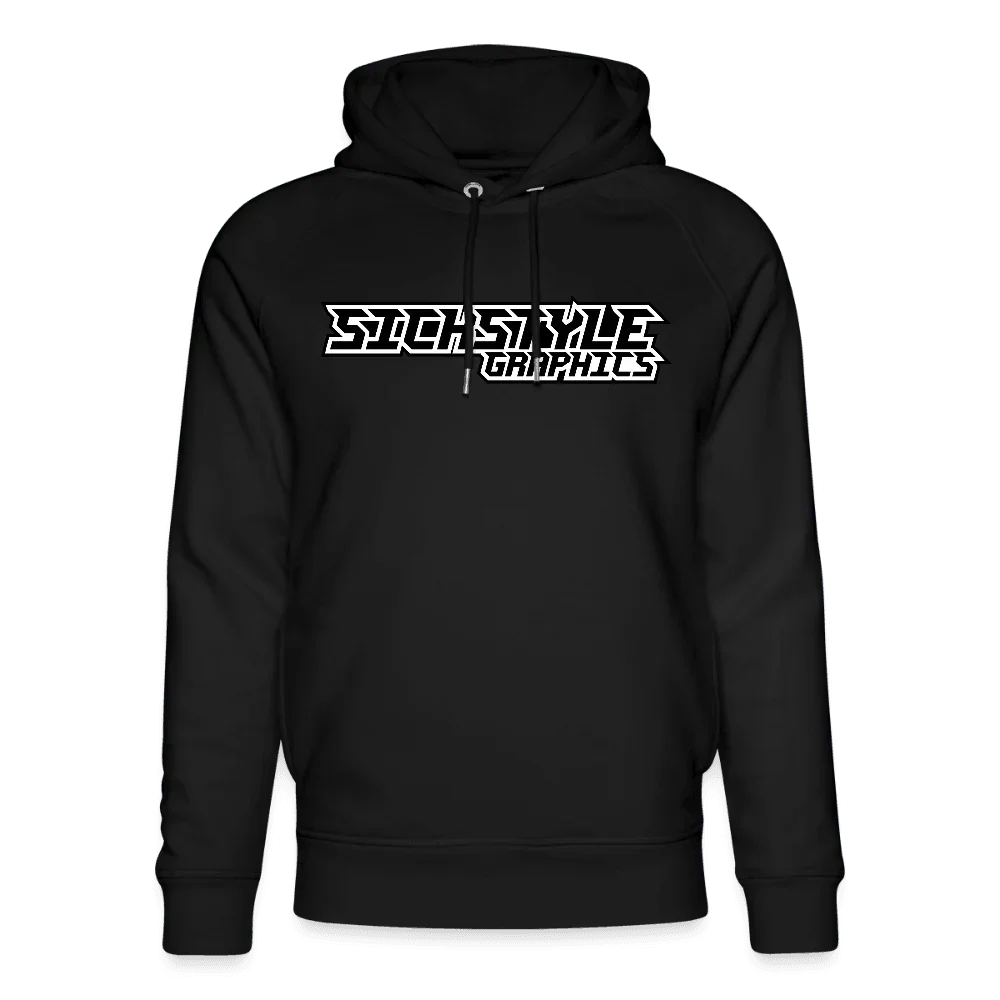 Svart bio-hoodie med vitt “Sickstyle Graphics”-logotyp, raglanärmar och dragsko-huva.