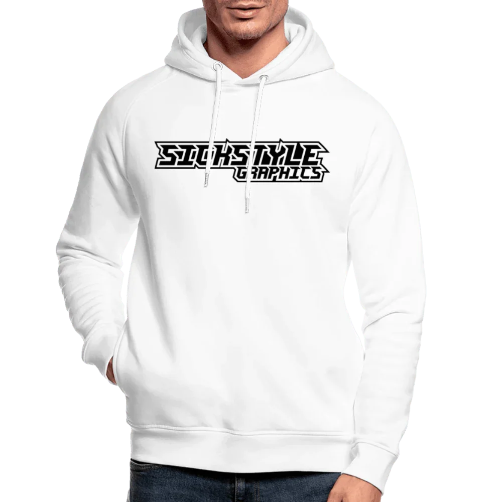 Vit herr bio-hoodie med raglanärmar, huva, dragsko och svart “Sickstyle Graphics” logotyp.