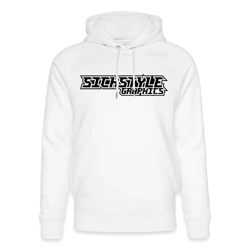 Vit herrhoodie av ekologisk bomull med svart “SICK STYLE GRAPHICS” logotyp, raglanärmar och dragsko-huva.