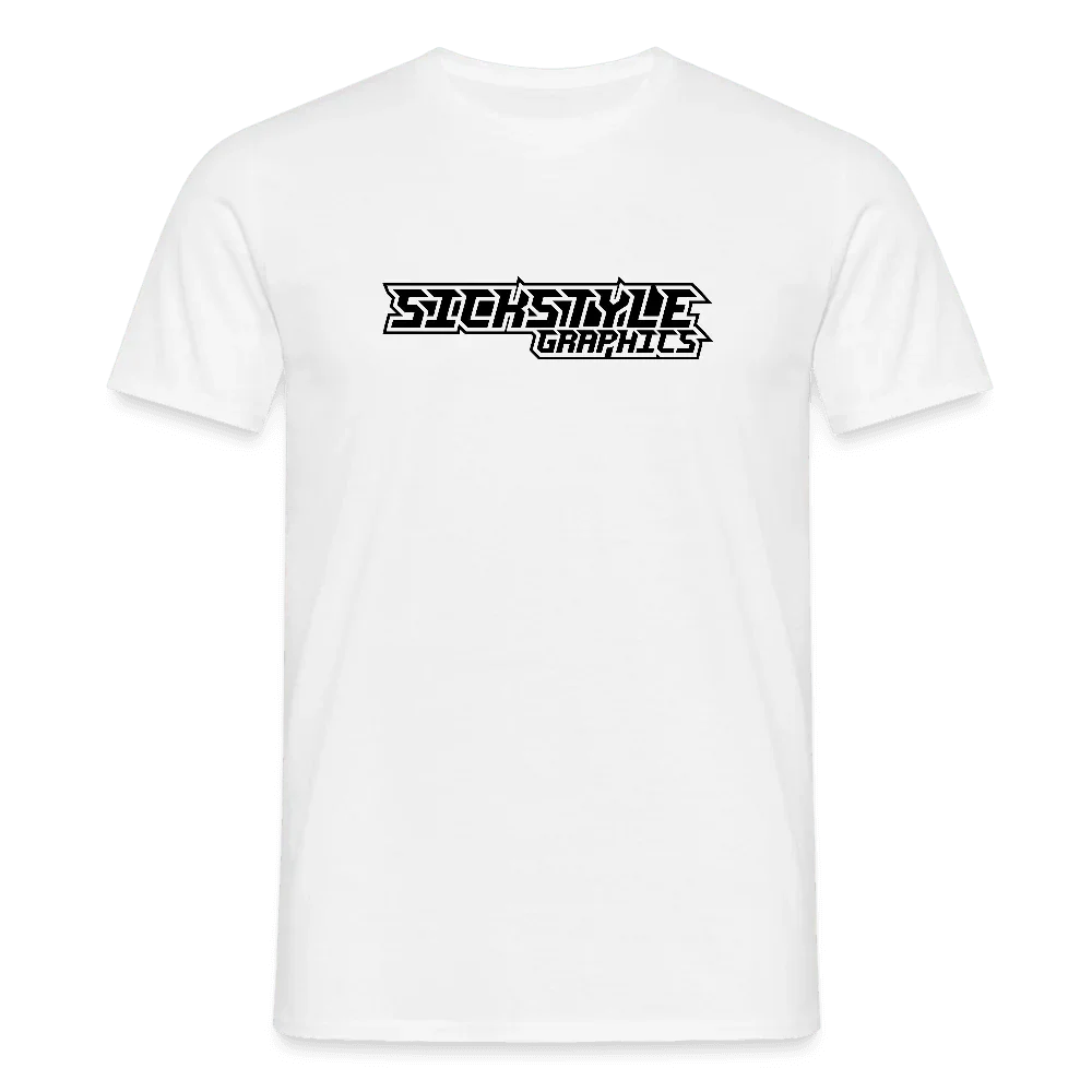 Wit heren T-shirt met zwart “Sickstyle Graphics” logo, rechte snit, 100% katoen.