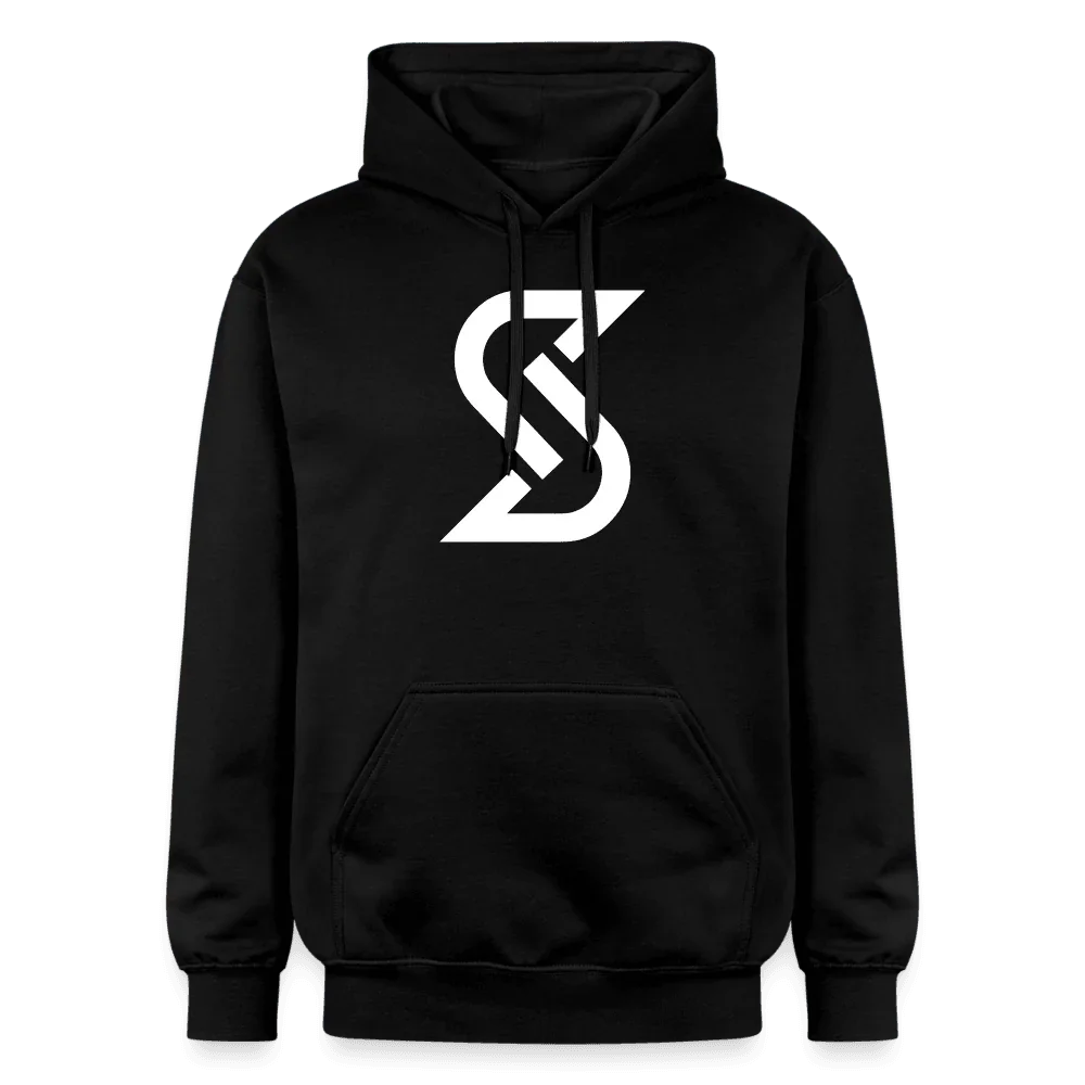 Sudadera con capucha unisex negra “Basic S” de mezcla algodón-poliéster con logo S blanco, capucha y bolsillo canguro.