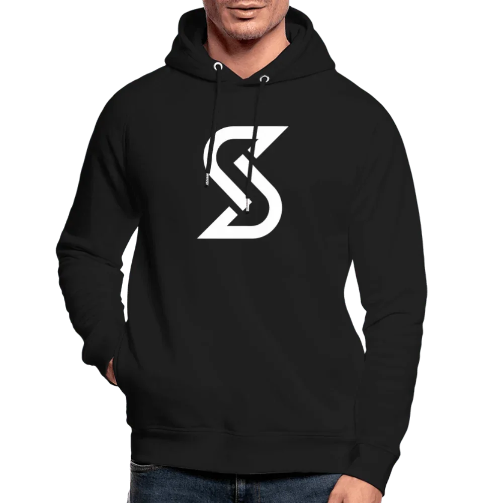 Schwarzer Herren Bio-Hoodie mit weißem “S”-Logo, Raglanärmeln und Kapuze.