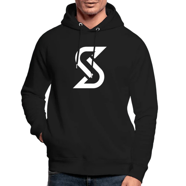 Sweat-shirt à capuche bio pour homme noir avec logo “S” blanc, manches raglan et capuche.