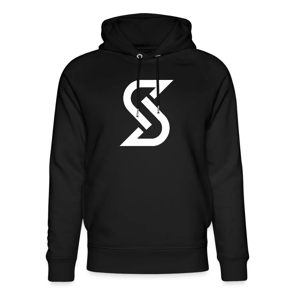 Schwarzer Bio-Herren-Hoodie “Basic S” mit weißem S-Logo, Raglanärmeln und Kordelzugkapuze.