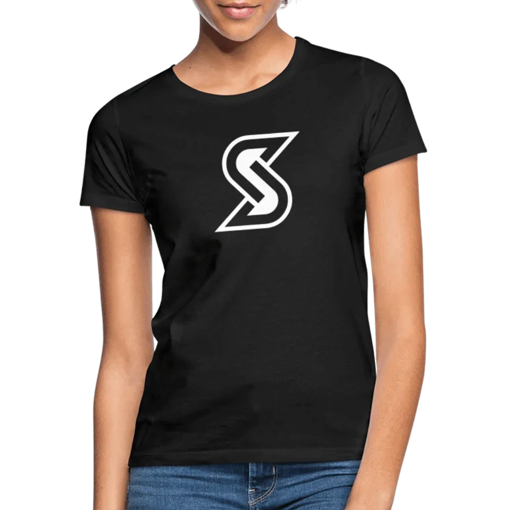 Damski t-shirt w kolorze czarnym z białym logo „S Outline“, okrągły dekolt i krótkie rękawy.