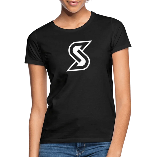 Damen T-Shirt in Schwarz mit weißem „S Outline“ Logo, Rundhalsausschnitt und kurzen Ärmeln.