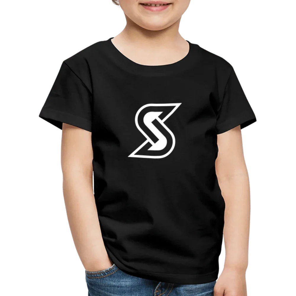 Zwart kinderT-shirt van katoen met wit “Basic S Outline” logo.