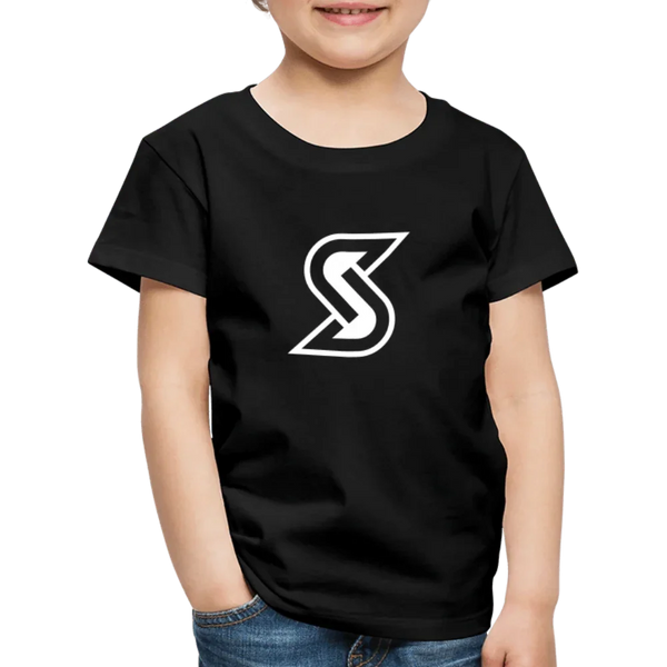Schwarzes Kinder T-Shirt aus Baumwolle mit weißem „Basic S Outline“ Logo.