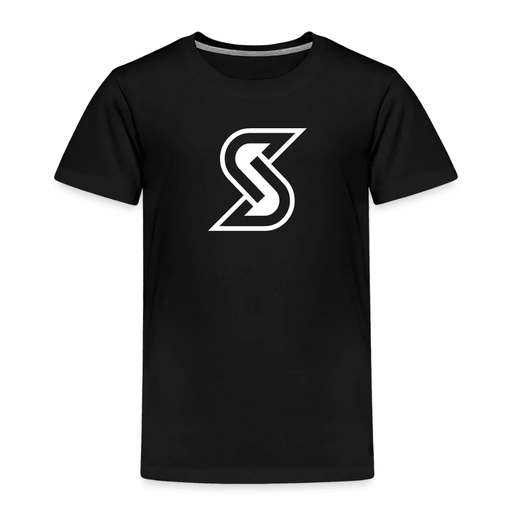 Zwart kinderT-shirt van katoen met wit gestileerd S-outline-logo.