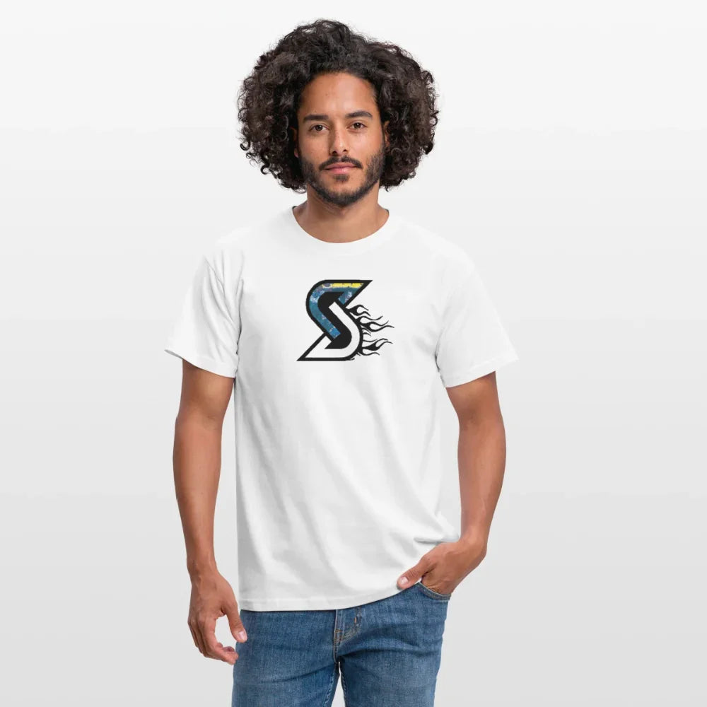 Man wearing white cotton t-shirt with “Blue Flame” S-logo and flame design.