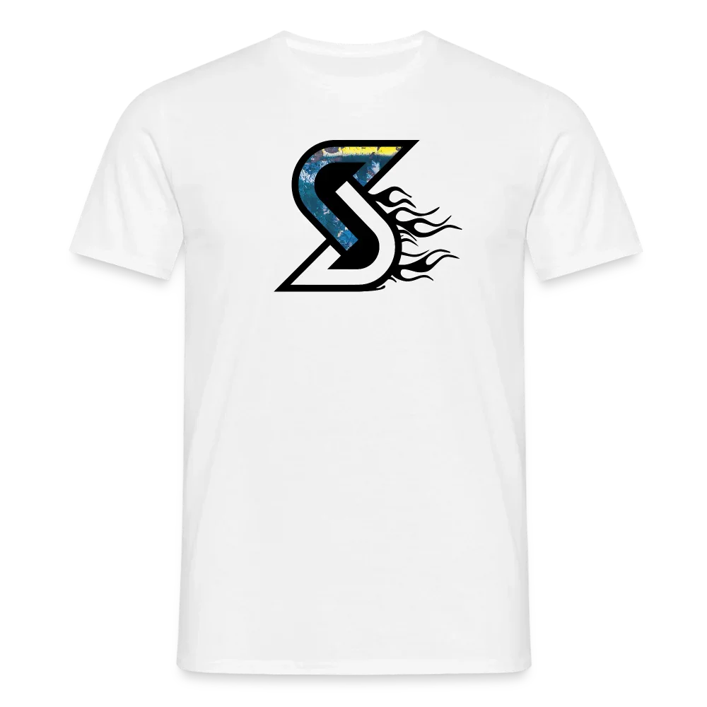 White men's t-shirt with “Blue Flame” logo: black S-shape with blue flame fill and side flames.