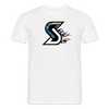 White men's t-shirt with “Blue Flame” logo: black S-shape with blue flame fill and side flames.