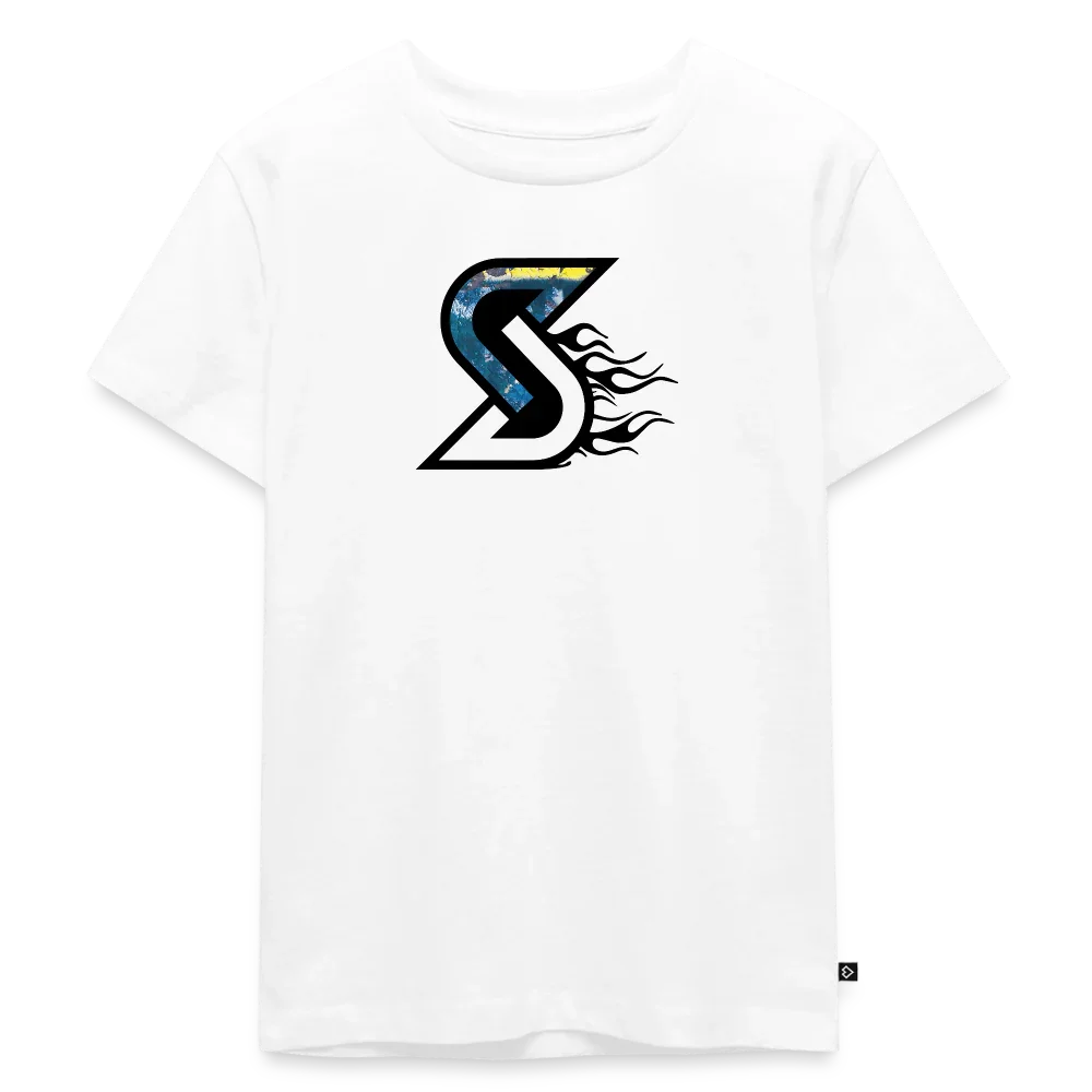 Wit kinder-T-shirt met “Blue Flame” S-logo en vlammen-design.