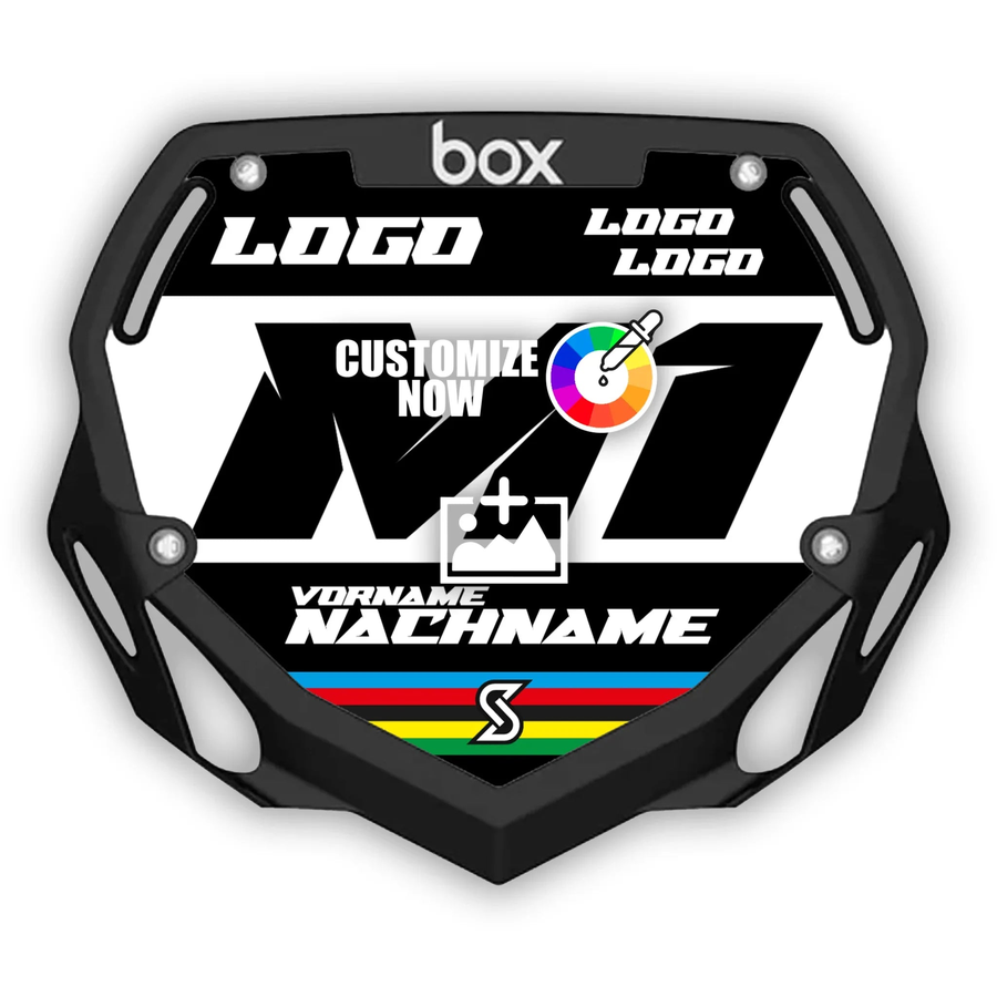 Black BOX M1 Nummerplade mærkat med “CUSTOMIZE NOW”knap, logo pladsholdere, og regnbue striber.