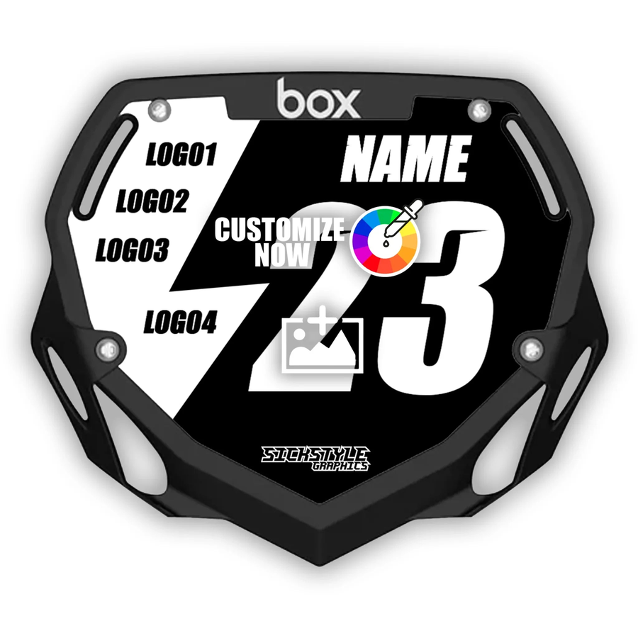 Black BOX nummerplade mærkat med hvidt felt “,CUSTOMIZE NOW”knap og plads til logoer, navne og tal.