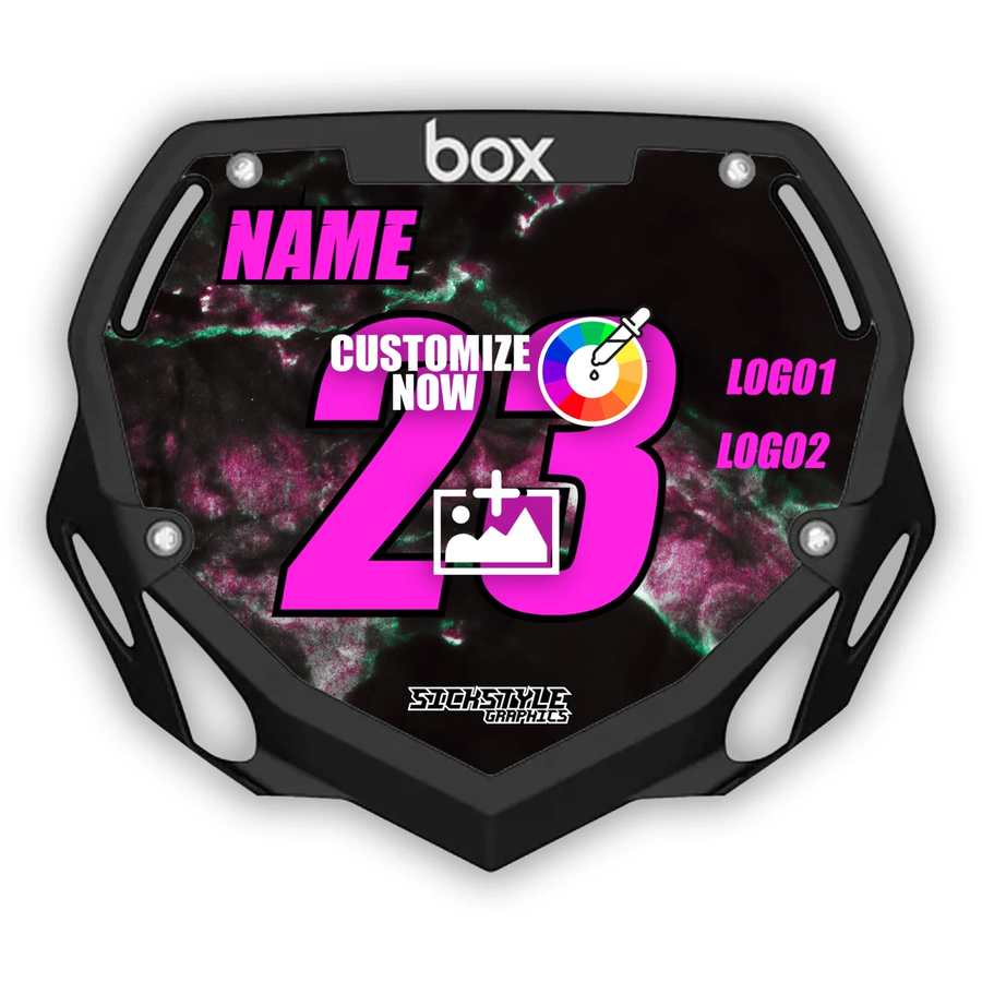 BOX Adult Numberplate Sticker mit pink-schwarzem Marmor-Design, anpassbarer Nummer und Text.