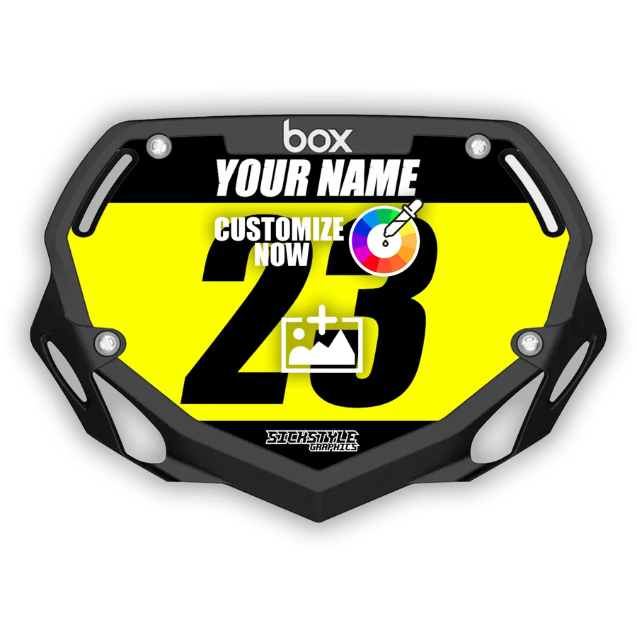 Nero BOX Mini Adesivo targa per bambini con sfondo giallo, “YOUR NAME” e “CUSTOMIZE NOWTesto.