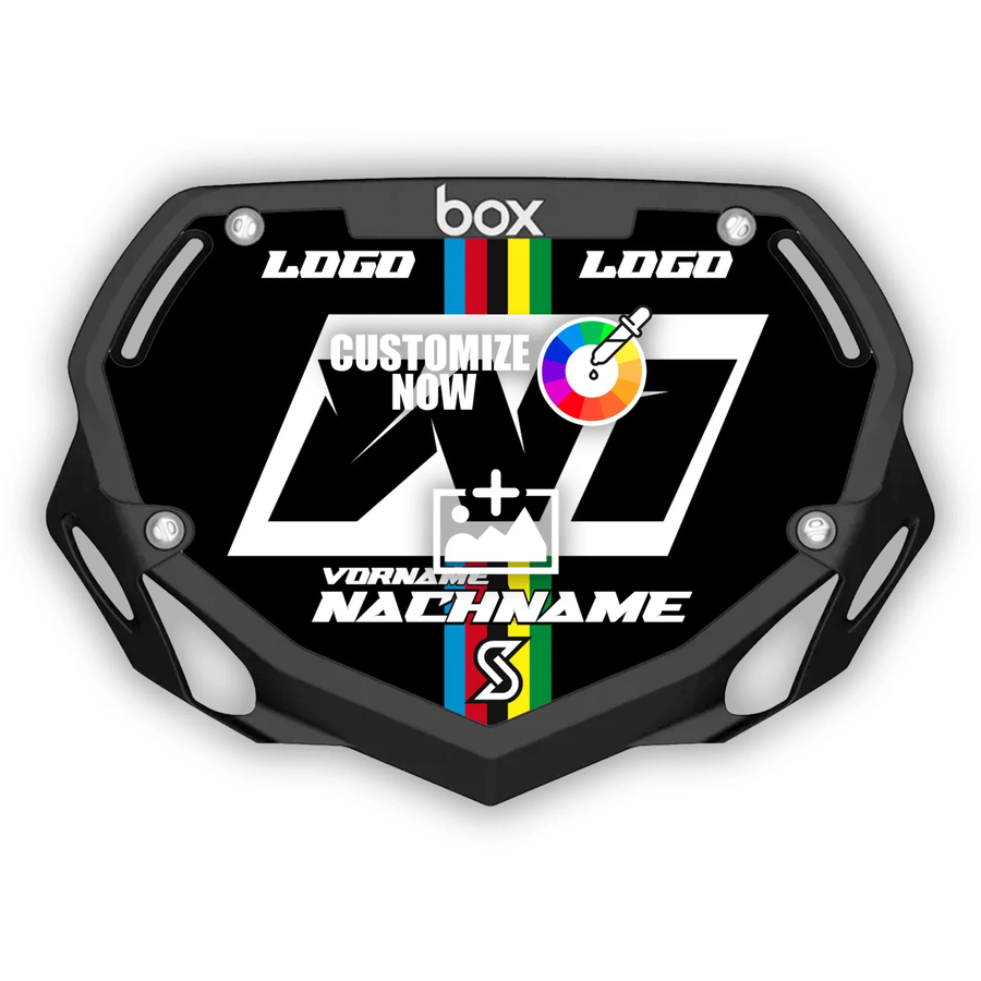 Black BOX Mini Kids Number Plate Sticker with “Customize Now” and Flag Design.