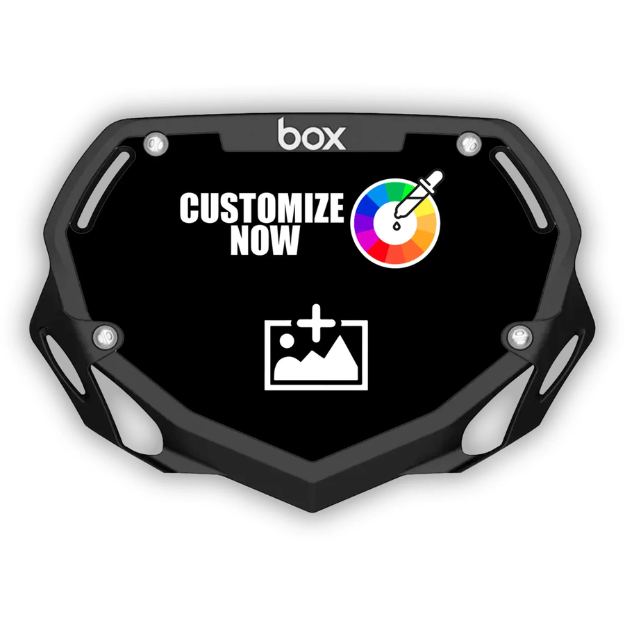 Czarny konfigurowalny BOX Mini Dzieci naklejka tablica startowa z “CUSTOMIZE NOW”tekst, koło kolorów i ikona wysyłania obrazów.