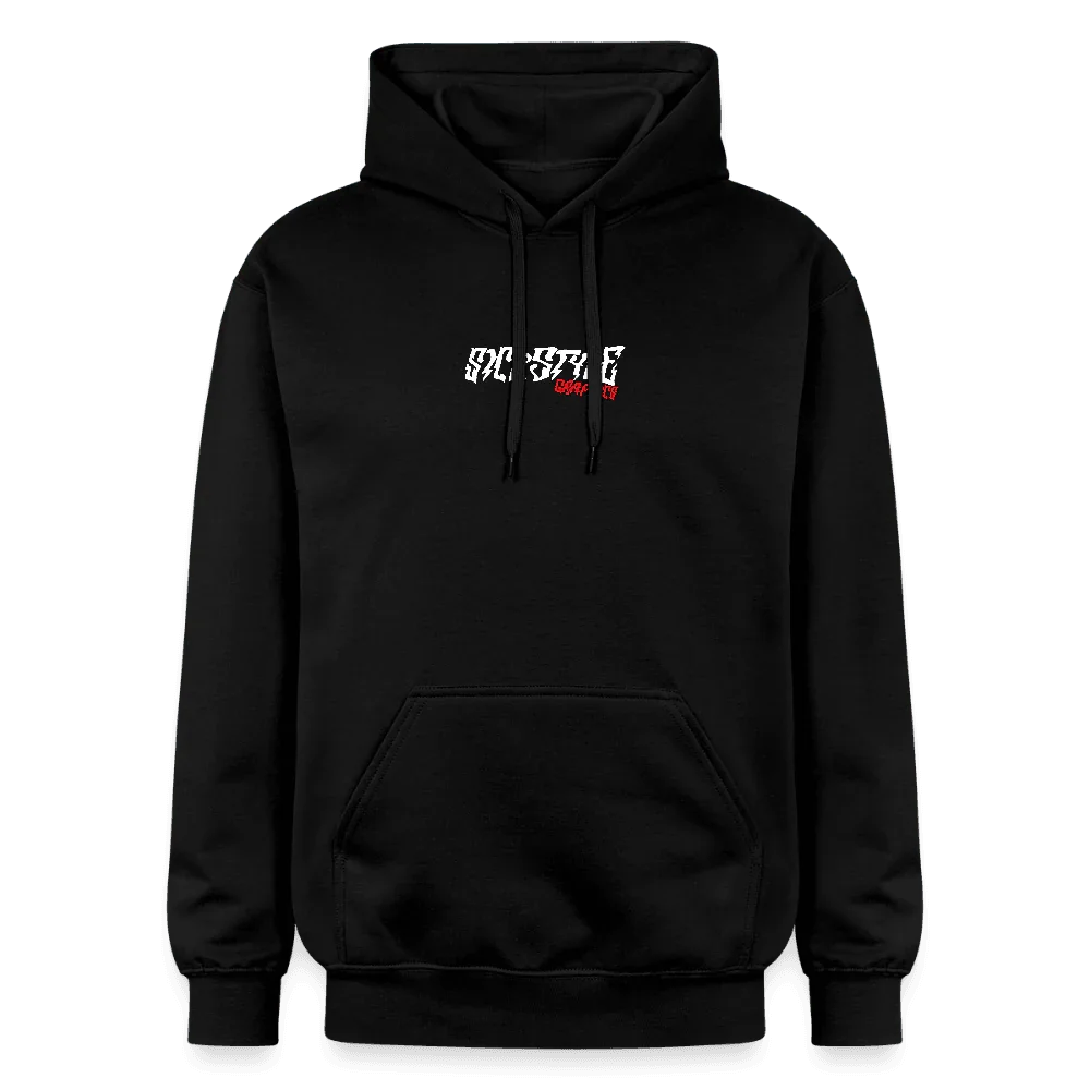 Sudadera con capucha unisex negra “Checkerboard CR” de mezcla algodón-poliéster con texto blanco roto y bolsillo canguro.