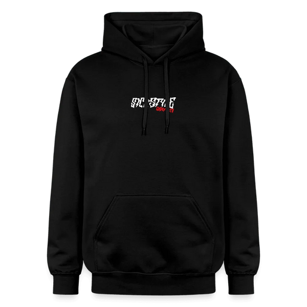 Schwarzer Unisex Hoody „Checkerboard CR“ aus Baumwoll-Polyester-Mix mit weißem, zerbrochenem Schriftzug und Kängurutasche.