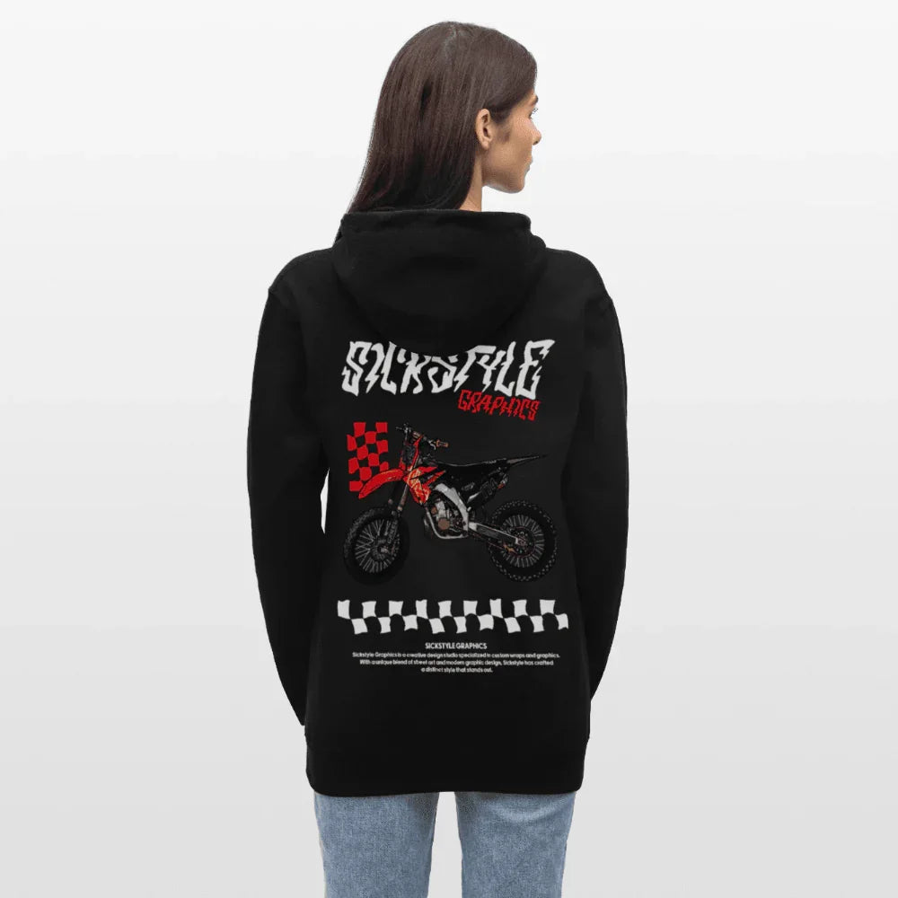 Sudadera con capucha para mujer “Checkerboard CR” en negro con motocicleta de motocross roja e impresión de patrón de tablero de ajedrez en blanco y negro en la espalda.