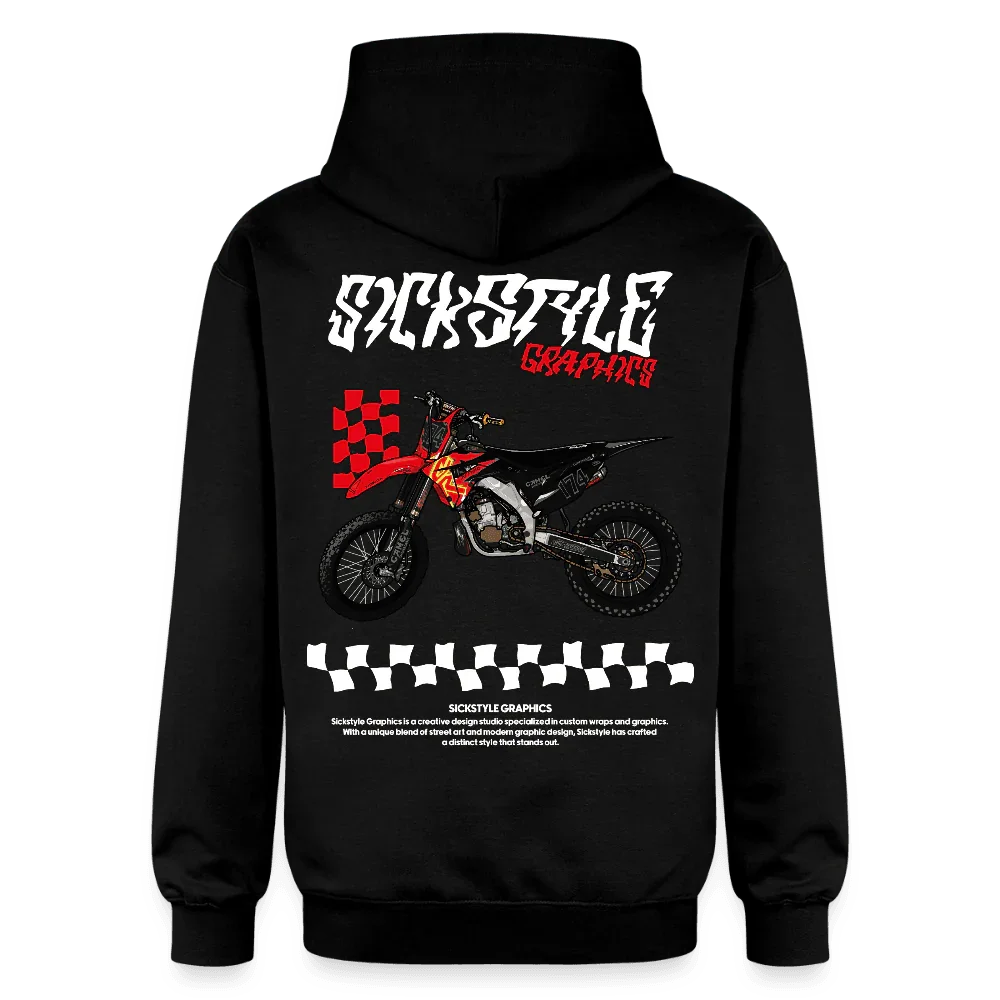 Sudadera con capucha unisex negra con motivo de moto de motocross roja, bandera a cuadros e impresión “SICKSTYLE GRAPHICS”.