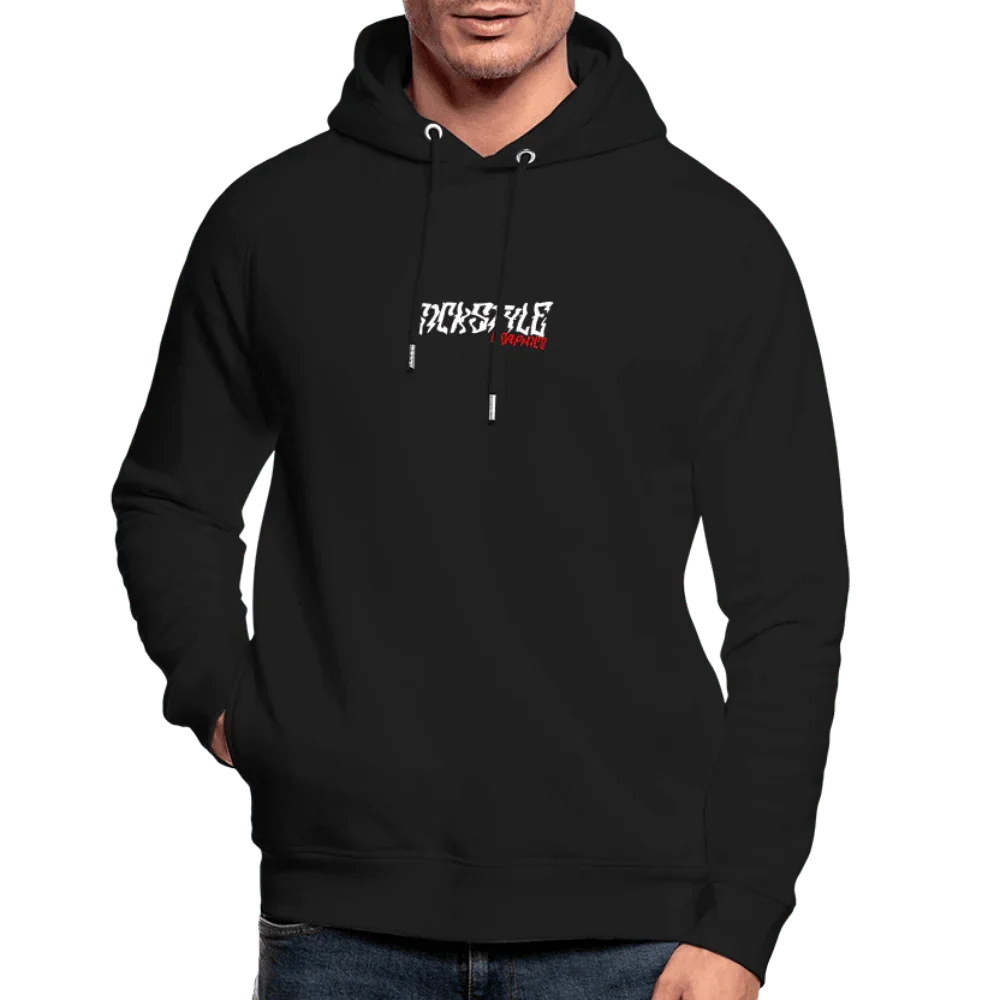 Sudadera con capucha negra de algodón orgánico con estampado blanco “PERSTYLE” y rojo “I WANN”, mangas raglán y capucha.