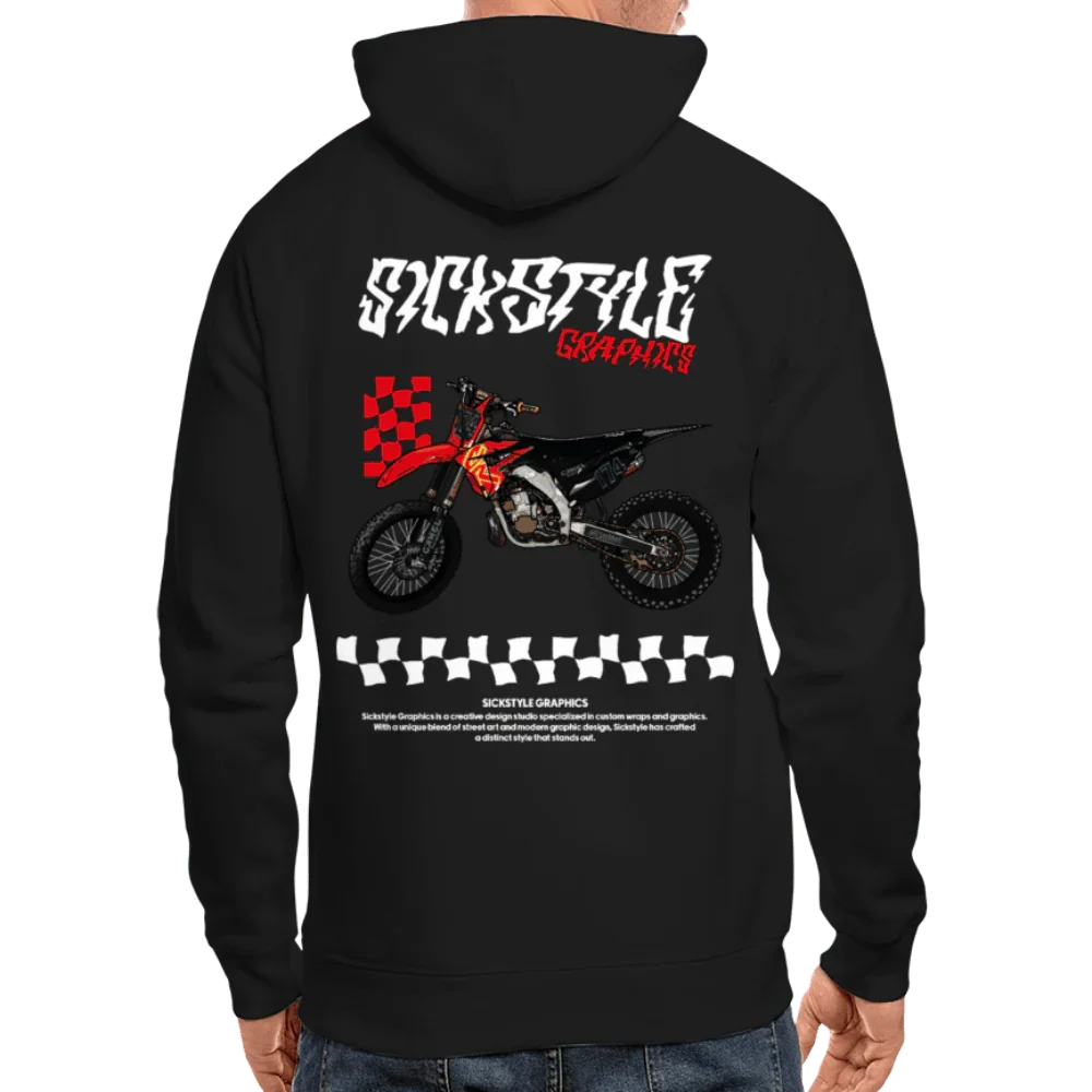 Capucha orgánica de hombres negros con mangas de raglan y grandes Sickstyle Graphics Diseño de motocross atrás.