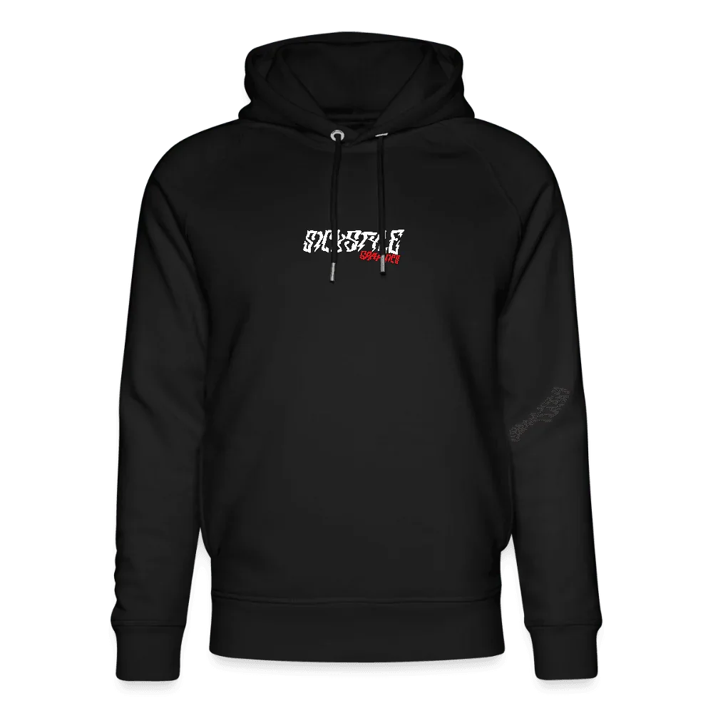 Sudadera con capucha negra de algodón orgánico con mangas raglán, cordón ajustable y logo de cuadros blanco y rojo.