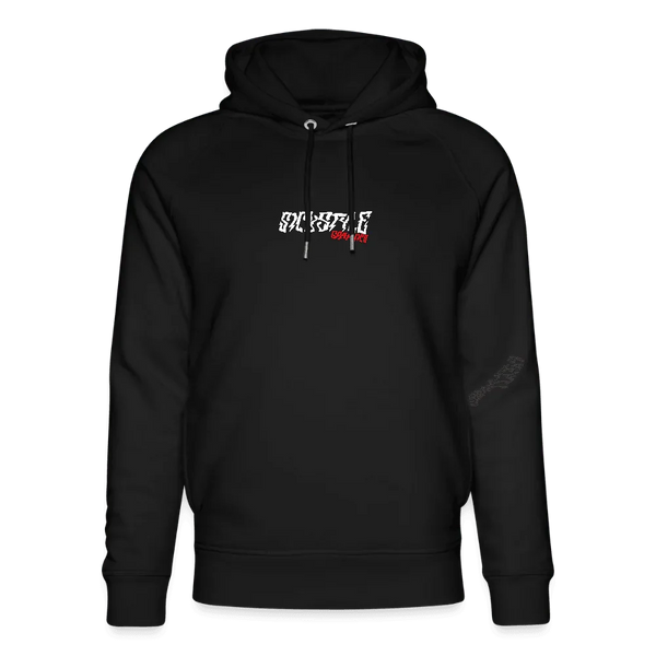 Sweat à capuche bio noir avec manches raglan, cordon de serrage et logo damier blanc-rouge.