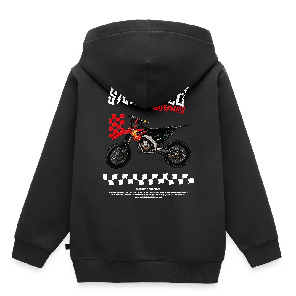 Svart huvtröja för barn med röd motocrosscykel och schackrutigt mönster på ryggen.