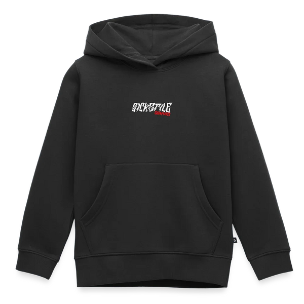 Schwarzer Baumwoll-Hoody für Kinder mit Kängurutasche und weißem “SICKSTYLE” Logo.