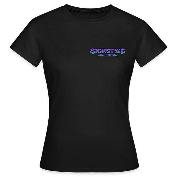 Schwarzes Damen T-Shirt mit lila-blauem “SICKSTYLE GRAPHICS” Logo auf der Brust.