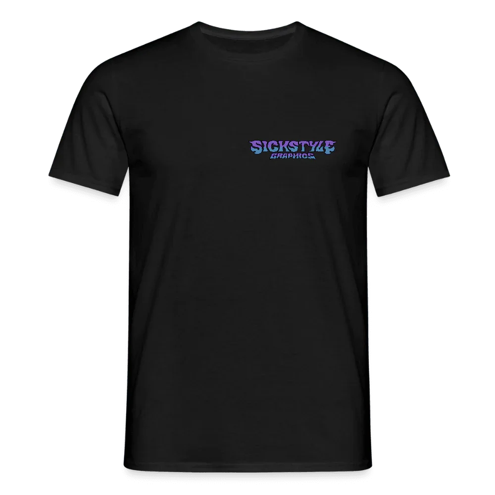 Camiseta negra para hombre de 100% algodón con logo “SICKSTYLE GRAPHICS” en lila-azul en el pecho.