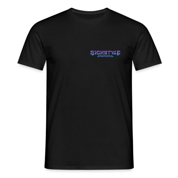 T-shirt noir pour homme en 100% coton avec logo “SICKSTYLE GRAPHICS” en violet-bleu sur la poitrine.