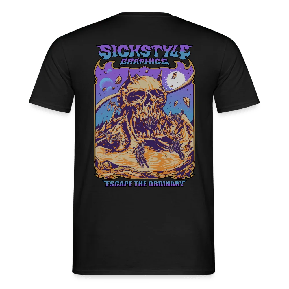Camiseta negra para hombre con calavera “Sickstyle Graphics” grande y vibrante, y lema “Escape the Ordinary”.