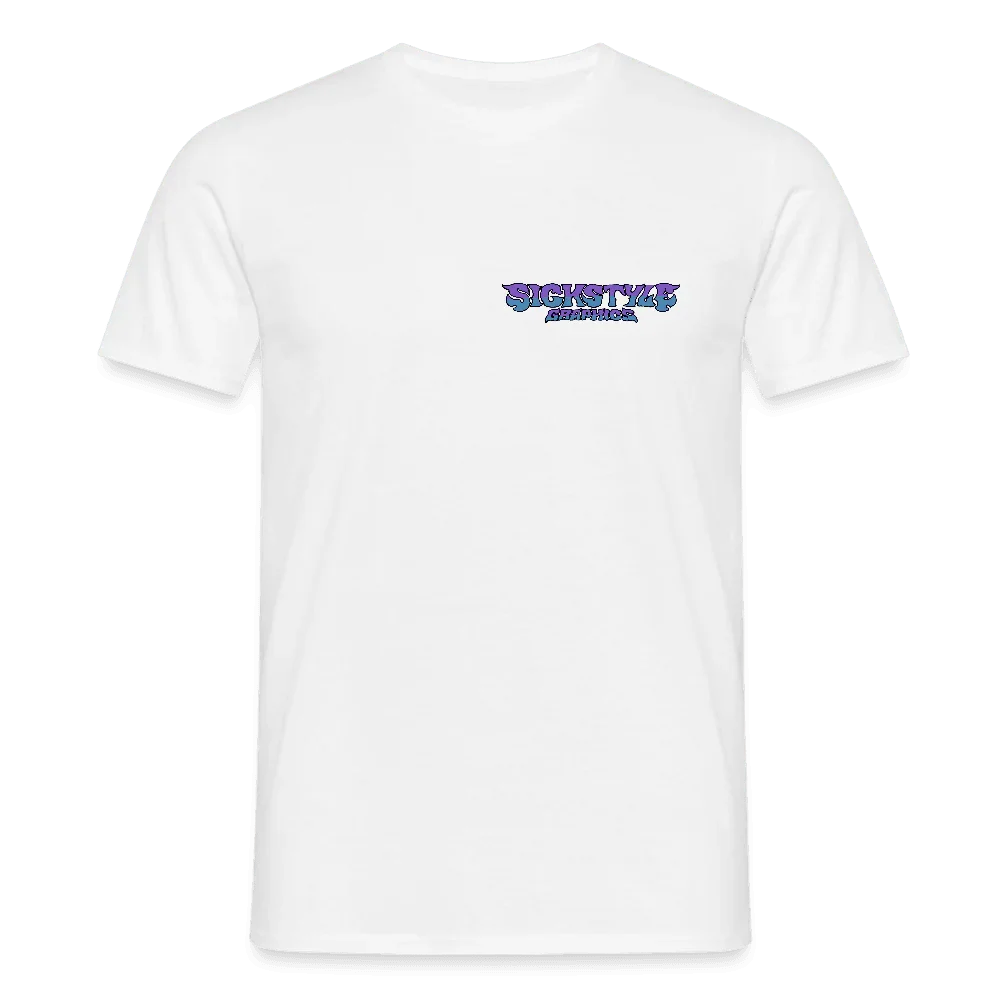 Camiseta blanca para hombre de 100% algodón con pequeño logo “SICKSTYLE” en lila-azul en el pecho.