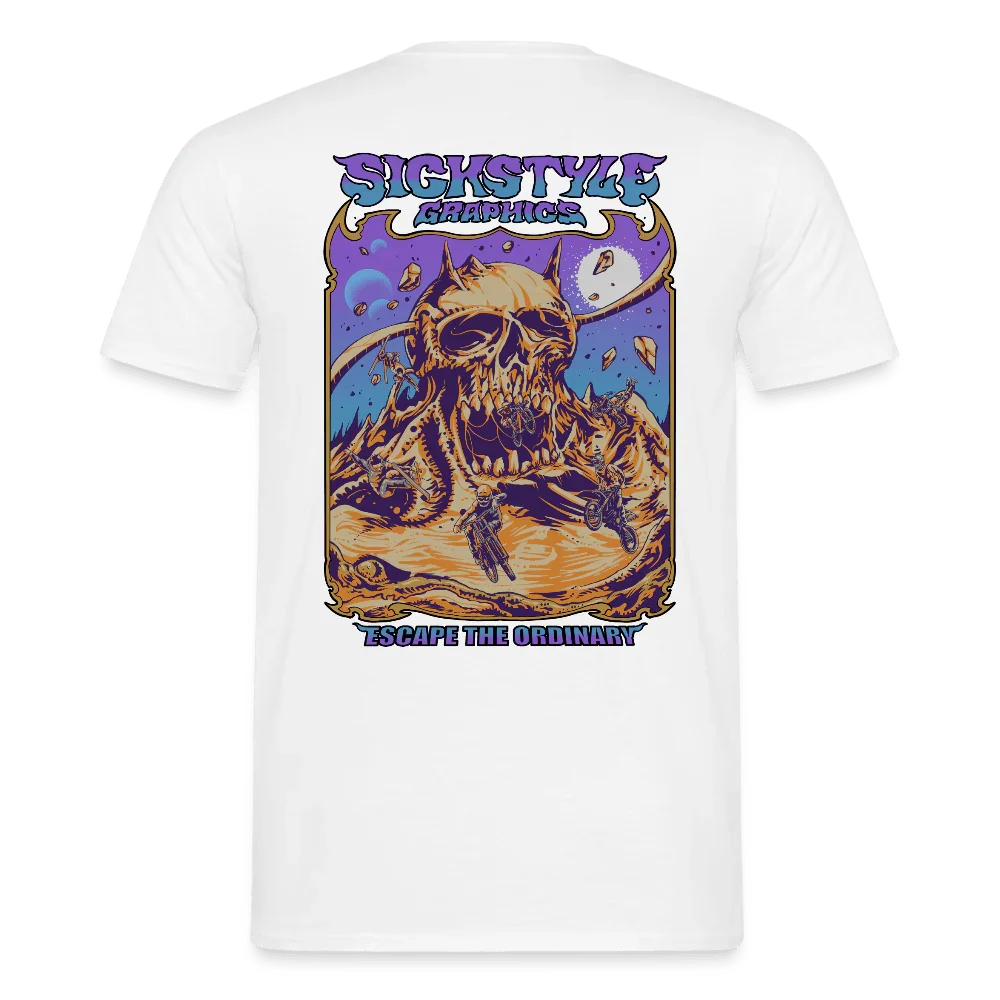 Camiseta blanca para hombre con diseño Skull “Escape the Ordinary” y logo Sickstyle Graphics.