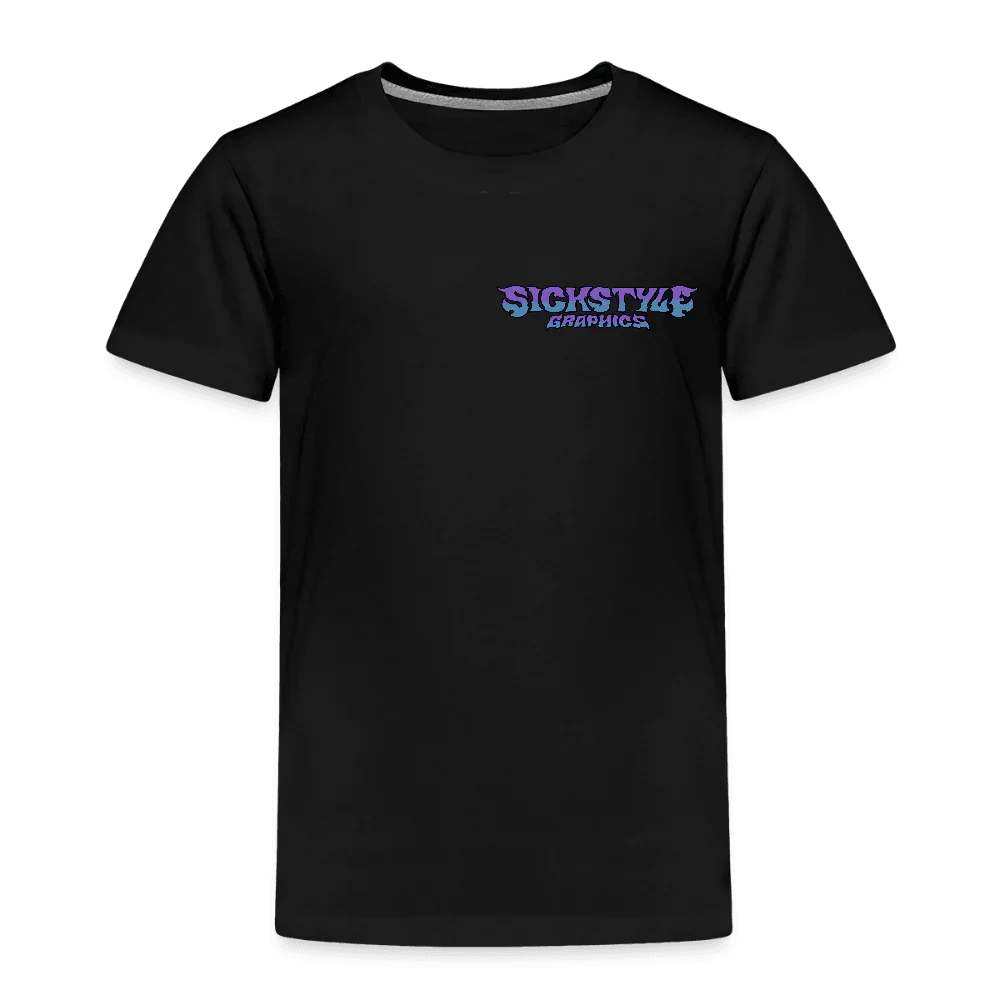 Schwarzes Kinder T-Shirt mit lila-blauem “SICKSTYLE GRAPHICS” Logo auf der Brust.