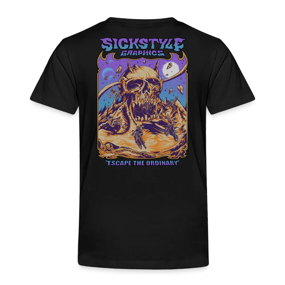 Schwarzes Kinder-T-Shirt mit farbigem “SICKSTYLE GRAPHICS” und “ESCAPE THE ORDINARY” Totenkopf-Design.