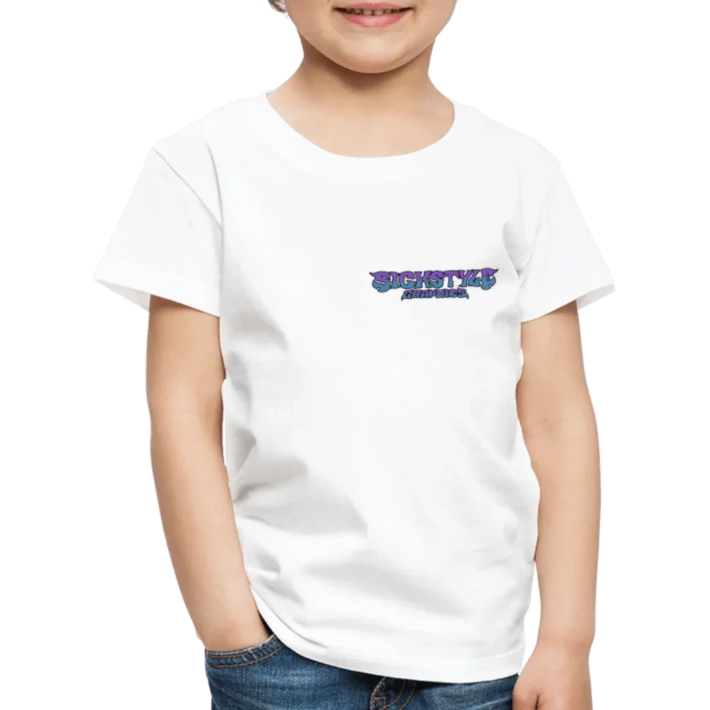 Weißes Kinder T-Shirt aus Baumwolle mit lila-blauem “SICKSTYLE SURF CLUB” Logo.