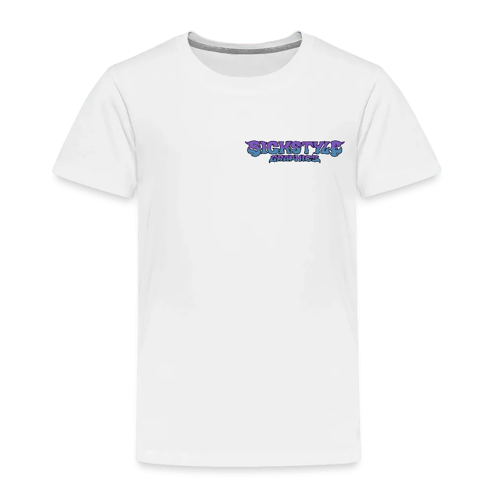 Weißes Kinder T-Shirt aus 100% Baumwolle mit lila “SICKSTYZ GRAPHICS” Logo auf der Brust.