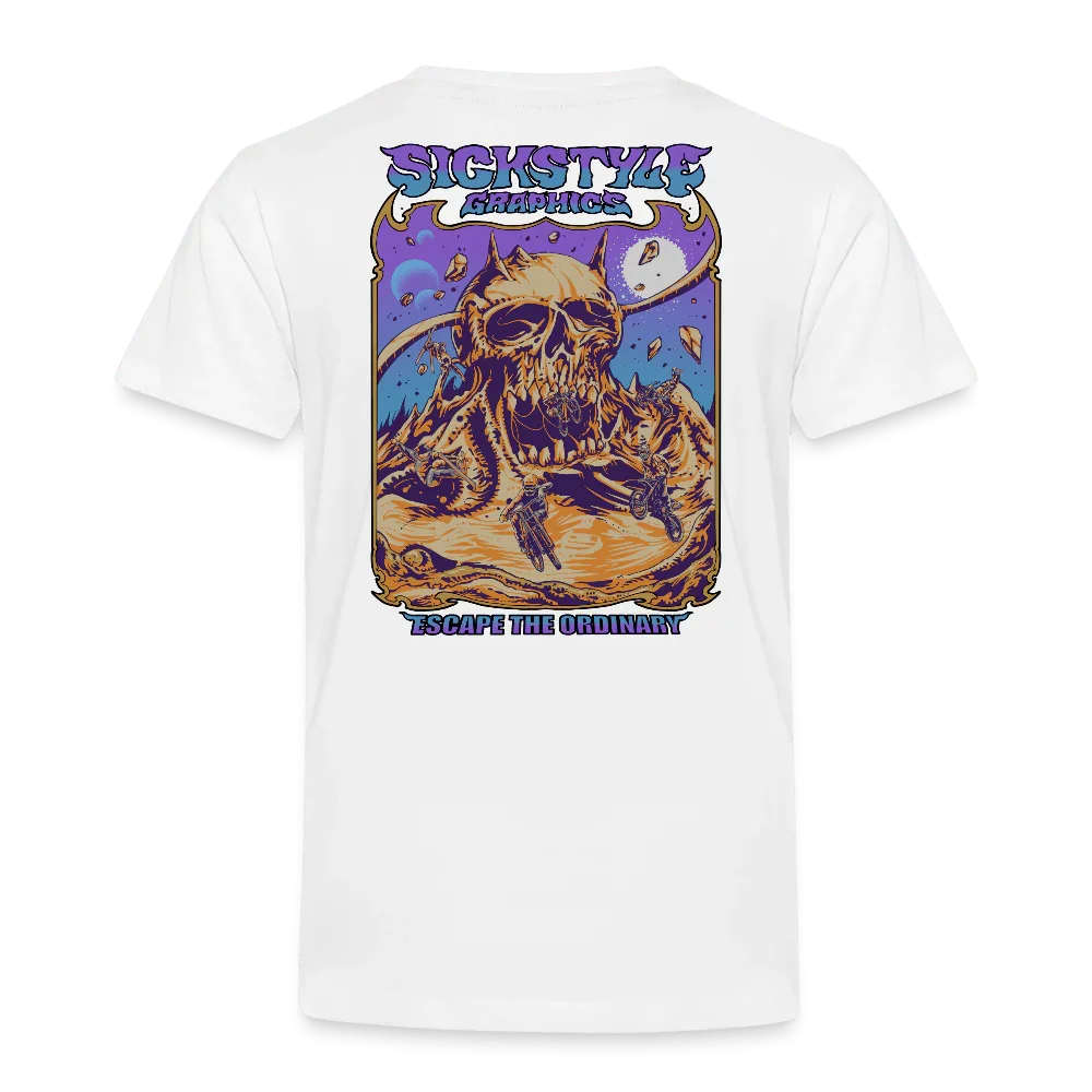Weißes Kinder-T-Shirt mit farbigem “SICKSTYLE GRAPHICS” Totenkopf-Design und “ESCAPE THE ORDINARY” Schriftzug.