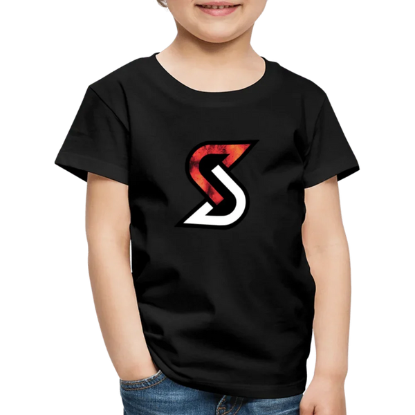 Schwarzes Kinder-T-Shirt mit rotem und weißem “Fire S” Logo, aus 100% Baumwolle.